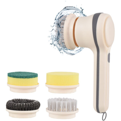 Vtizikl Brosse de nettoyage multifonctionnelle électrique à 4 têtes, brosse en nylon/fil/éponge, sans fil, portable, pour cuisine, salle de bain, mur, fenêtre, carrelage, sol, baignoire, voiture (1/4)