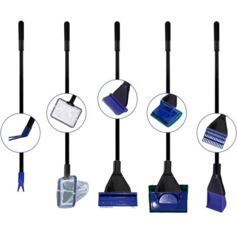 Vtizikl Kit de nettoyage d'aquarium 5 en 1, accessoires de nettoyage pour épuisette, grattoir à algues (acier inoxydable), brosse à gravier, brosse éponge, fourchette pour plantes aquatiques (1/4)