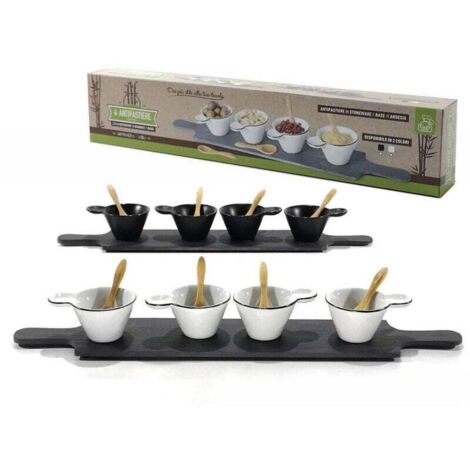 Vtizikl Set Antipastiere Con 4 Piattini E Cucchiaini In Bamboo E 1 Vassoio In Ardesia - (1/3)