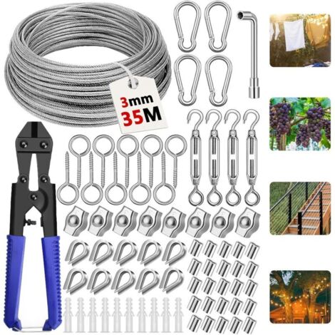 Vtizikl 35M Câbles en Acier Inoxydable à Suspendre Kit,304 Cable Inox 3mm avec Tendeur Cable, Serre Cable Acier,Câble en Acier Gainé pour Treillis Plante Grimpante Exterieur,Corde a Linge,Garde Corps