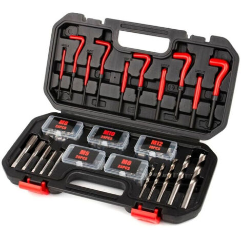 Vtizikl 131 Pièces Kit de réparation de filetage,Kit Filet Insertion de Fil Foret Gaines Métrique Helicoil inserts M5, M6, M8, M10, M12 Outils de filetage, manchon fileté (1/4)