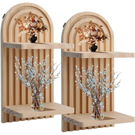 Lot de 2 étagères murales en bois style bohème moderne du milieu du siècle, double couche, étagères flottantes à suspendre pour salon, chambre à coucher, salle de bain (1/4)