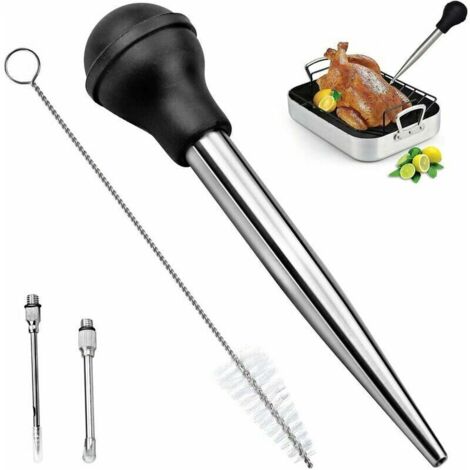 KZQ Poires à Sauce en Acier Inoxydable 304 et Caoutchouc, Poire à Jus Pipette Cuisine Aiguille d'Injection avec Brosse de Nettoyage pour Cuisson BBQ, (1/4)