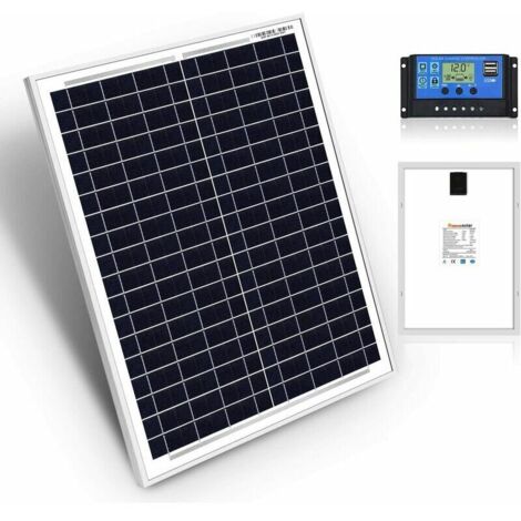 Panneaux solaires FlkwoH de 20W, 12V polycristallins, comprenant le contrôleur. Idéaux pour toutes les applications telles que camping-car, marine, bateau, chalet, cabane et maison. (1/4)