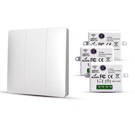 RF433 Kit d'interrupteur sans fil, avec émetteur et contrôleur récepteur, 10 A, 240 V (kit 1 interrupteurs + 3 récepteurs) (1/4)