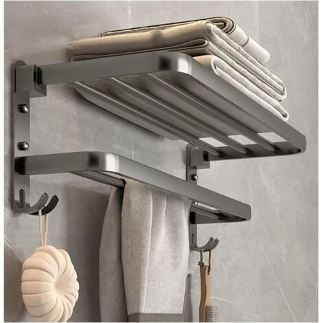 Porte-serviettes mural à 2 niveaux en acier inoxydable SUS 304, finition mate, pliable à 90° (couleur : gris, taille : 60 cm) (1/4)