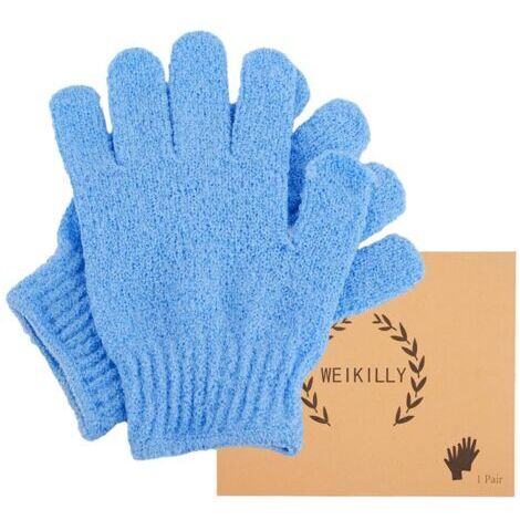 Gants de bain pour douche, 1 paire de gants de lavage exfoliants en bambou naturel pour le corps, le visage et les deux mains (bleu), Ensoleillé (1/5)