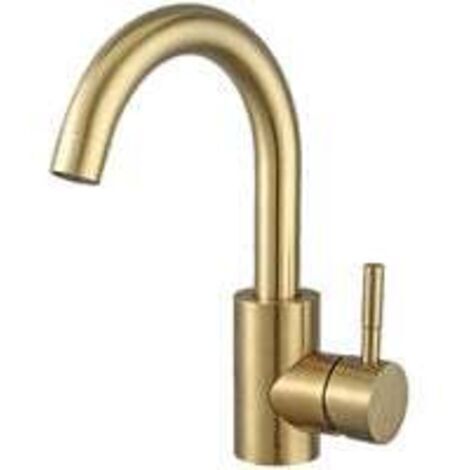 Mitigeur lavabo doré brossé à bec haut – Rotation 360° – Montage au pont – Acier inoxydable – Aérateur en nid d'abeille pour économie d'eau (1/5)