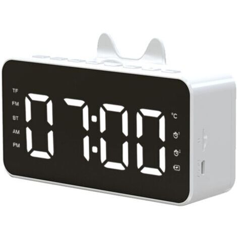 Q9 Horloge BT Horloge Digital Haut-Parger Reveil Horloge LED ecran FM Radio Prise en charge de la carte 32 Go de carte TF Jouer avec un cable de charge USB, blanc, Ensoleillé (1/5)