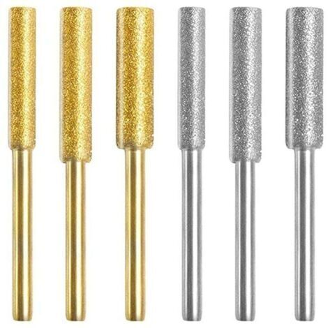 Diamant Affûteur de Tronçonneuse,Affûteur de Tronçonneuse Pierre Bits,Haute Dureté Titane Plaqué Burr Meule Meule, 6 PCS Pierres à Aiguiser avec 3 Tailles Différentes pour Affûter et Poncer (1/4)