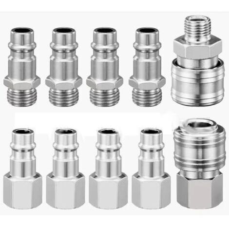 Kit de 10 raccords rapides pneumatiques pour compresseur, 1/4" BSP, raccord rapide, raccord d'air, tuyau, connecteur d'air comprimé, mâle et femelle (1/2)