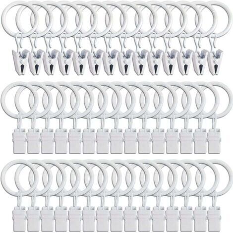 45PCS Anneaux à rideaux avec pinces - blanc, pinces à rideaux solides, crochets de fixation pour tringle de tension, crochets décoratifs pour rideaux et cadres de fenêtres à trou métallique I.D (1/4)