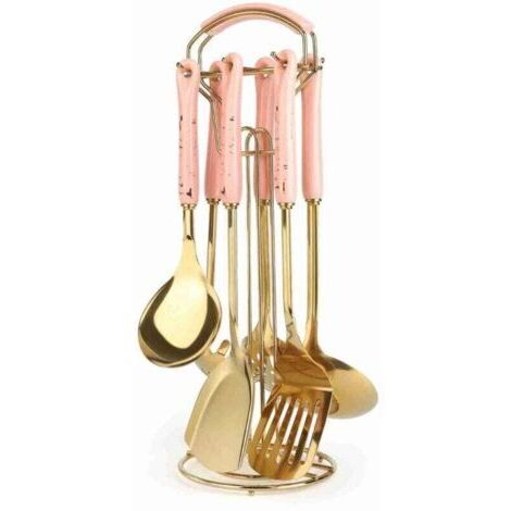Ensemble D'Ustensiles De Cuisine, 7 Kit Ustensiles De Cuisine En Silicone Pour Set D'Accessoires De Cuisine, rose et doré (1/4)