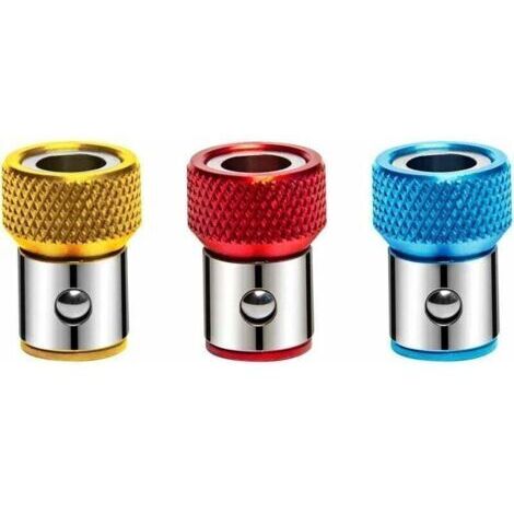 3 Pcs Porte-Vis Anneau Magnétiseur Universel Amovible Magnétique Alliage Antidérapant Tournevis Accessoires pour 1/4 Pouce Hex Tige Double Embouts de Tournevis, Rouge, Bleu et Jaune (1/4)