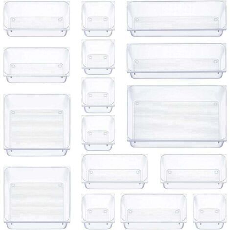 16 pièces organisateur tiroir, 5 tailles boite rangement tiroir, antidérapant organiseur maquillage, pour papeterie de bureau rangement, commode, salle de bain, cuisine (transparent) (1/4)