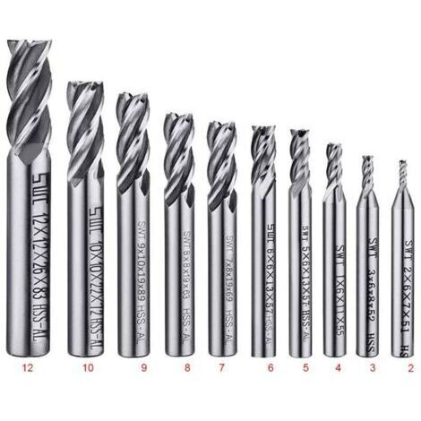 Lot de 10 forets à 4 cannelures - de 2 à 12 mm Fraise en Bout- Ensemble de forets à tige droite HSS CNC pour perceuse - Ensemble d'outils pour bois, aluminium, acier et titane (1/4)