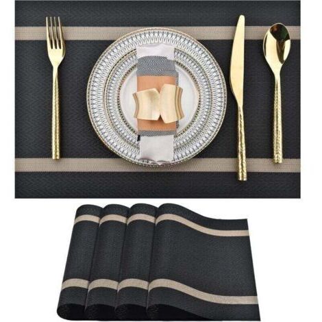 Lot de 4 sets de table noirs – Sets de table en vinyle lavables, modernes, durables et faciles à nettoyer – Sets de table résistants à la chaleur pour table de cuisine (noir avec rayures, 4) (1/4)