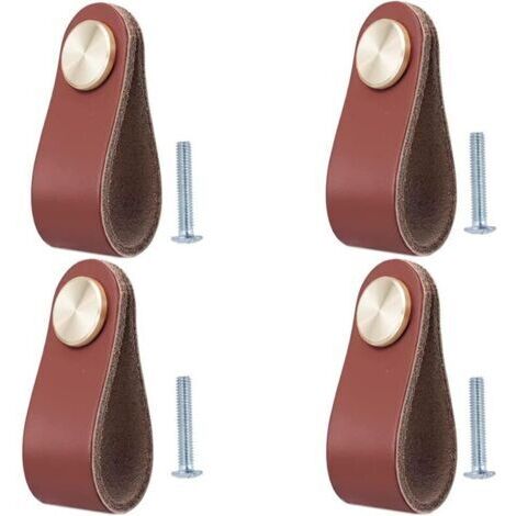 Lot de 4 Poignée Meuble Cuir, Bouton de Portes Placard Poignee Cuir Bouton de Tiroir, Poignee de Meuble Vintage pour Armoires, Commode, Cuisine, Salle de Bain (1/4)