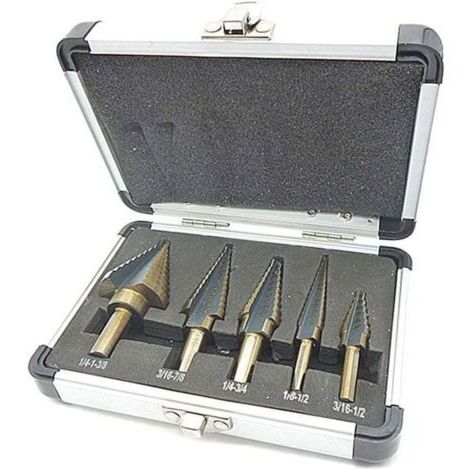 5 Pcs Foret Fraise Meche Etage, Foret Étagé, avec Boîtier en Aluminium Professionnel, Tige Hexagonale, avec Tampon de Centrage Automatique, Perçage Précis Dans L'acier, le Métal (1/4)