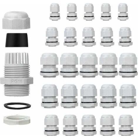 Lot de 25 presse-étoupes étanches - Réglables - PG7 PG9 PG11 PG13.5 PG16 - Connecteurs de cable - écrous de remplissage - Joints en plastique avec rondelle - Blanc (1/4)