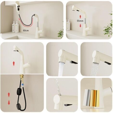 Basin taps with Pull Out Spray Brass Hot Water and Cold Water washbasin Faucet Swivel Retractable Bathroom Faucet-White (1/4)