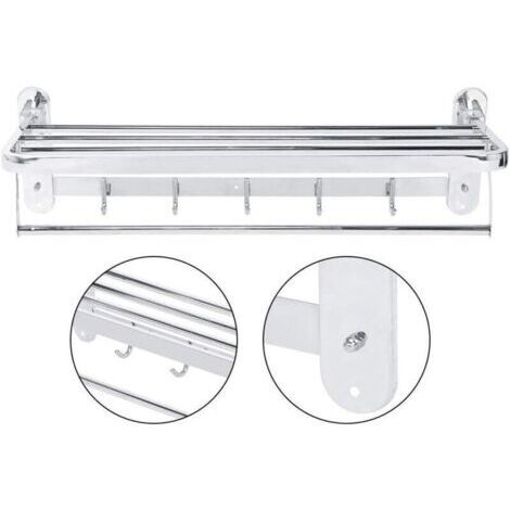 Porte-Serviette Support Salle de Bain Étagère Murale en Acier Inoxydable 304 Pliable avec 2 Couches de Rangement et 5 Crochets (1/4)