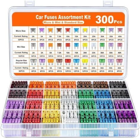 300Pcs Fusible Voiture Set, 160 Mini Fusible Auto + 90 Moyenne Fusible Automobile + 50 Micro Fusible + Extracteur - pour Voiture/RV/Camion/Moto (2A 3A 5A 7.5A 10A 15A 20A 25A 30A 35A 40A) (1/4)