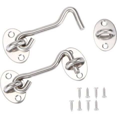Lot de 2 loquets à crochet et œillet en acier inoxydable, serrure à crochet de portail, serrure à crochet pivotant pour porte de grange et fenêtre avec vis de montage (3 pouces) (1/4)