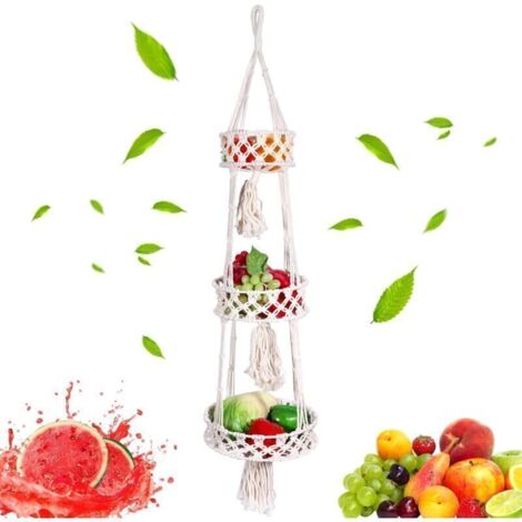 Corbeille à fruits tissée à la main avec corde en coton, filet circulaire en bambou bohème, panier à fruits tissé, panier suspendu à 3 niveaux pour cuisine, pour stocker des fruits et légumes (1/4)