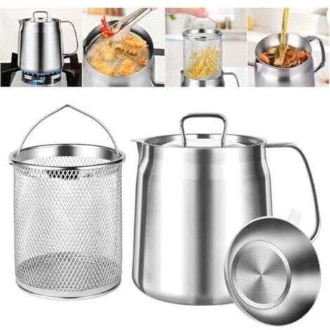 Casserole passoire en acier inoxydable de 2 L, récipient à graisse de bacon avec tamis et panier à friture, passoire à huile 2 en 1, séparateur d'huile, récipient, Kitchen Aid. (1/4)