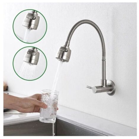 Robinet d'eau froide mural avec ressort en mousse à mémoire de forme, mitigeur d'évier à poignée unique en acier inoxydable brossé, 2 jets au choix (1/4)