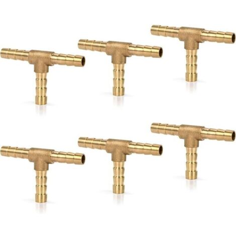 6 Pièces Raccords de Tuyau d'air Comprimé en Laiton de 6mm, T en Forme, Connecteur de Tuyau de Carburant, Connecteur Barbelé pour Carburant, Air, Eau, Gazole (1/4)