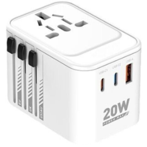 Adaptateur de voyage universel, prise de voyage universelle avec 2 ports USB-C (PD 20 W), 1 port USB-A et 1 port CA, adaptateur de voyage pour l'Italie, l'Angleterre, l'Allemagne, l'Amérique, l'Austra (1/4)