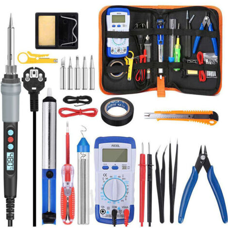 Fer a Souder Kit, 90W Kit de Soudage Électrique de Précision avec Interrupteur On/Off, Temperature Réglable 180480℃, Support avec éponge, LCD digital display soldering iron set tool kit multimeter pl (1/4)