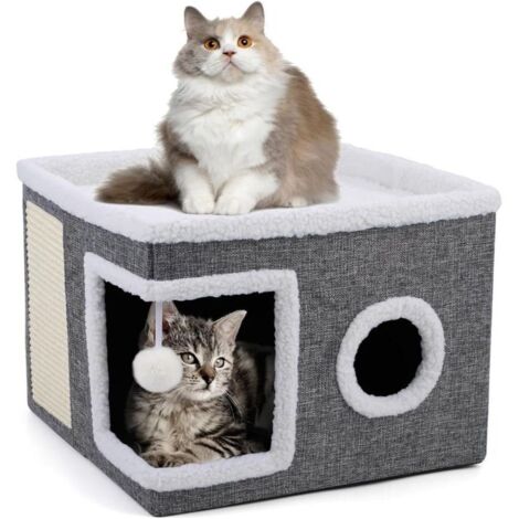 Niche pliable pour chat, grands chats d'intérieur, 43 P x 43 L x 32 H cm, grande grotte pour chat avec griffoir et balle de jeu, cube pour chat à 2 couches, grotte pour chat pour petits et moyens anim (1/4)