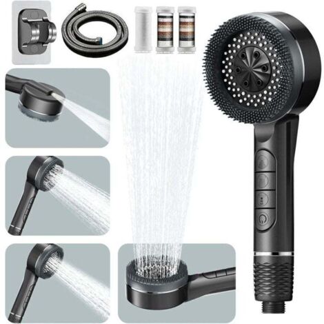 Pommeau deouche Haute Pression , Pommeau Douche Economie Deau 4 Types de Jets Pommeau de Douche Anti Calcaire avec Tuyau Douche 1.5M et Support de Douche , avec Bouton D'arrêt D'eau,Gris [Classe énerg (1/4)