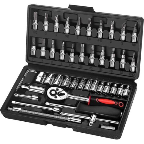 Lot de 46 Coffret Douille Cliquet 1/4" le Chromé, Ensemble de clés à Cliquet et Cliquets Adapté pour les Travaux sur Vélos et Outillage Mecanique Auto, Taille 1/4" (1/4)
