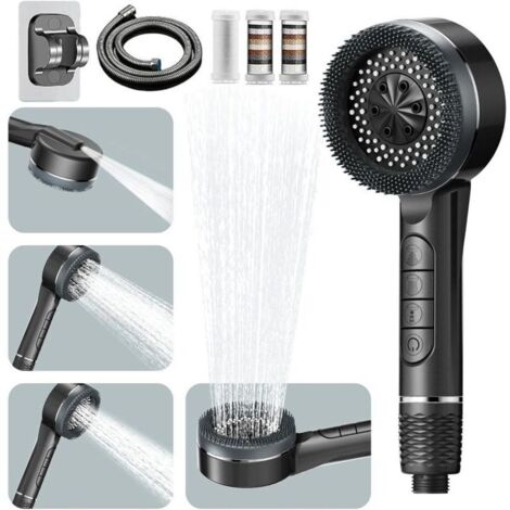 Pommeau douche Haute Pression, Pommeau Douche Economie D'eau 4 Types de Jets Pommeau de Douche Anti Calcaire avec Tuyau Douche 1.5M et Support de Douche, avec Bouton D'arrêt D'eau,Gris (1/4)