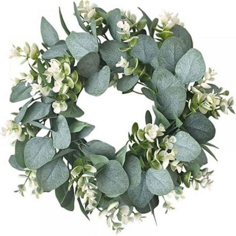 Couronne d'eucalyptus artificielle verte, 12 pouces, couronne de verdure avec grappes de fleurs blanches, mini couronne printemps/été pour décoration (1/4)