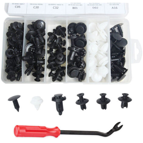 Lot de 100 clips de fixation pour carrosserie de voiture, rivets en plastique, fixations pour pare-chocs, garniture de porte, vis avec outil de démontage (1/4)