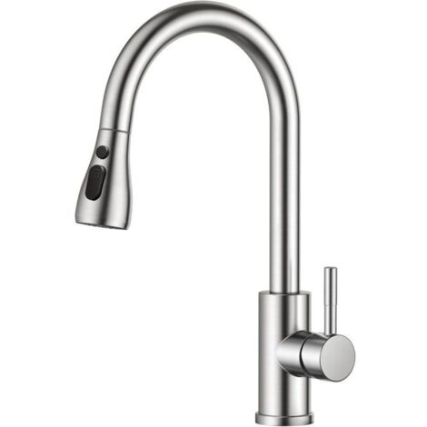 Robinet Cuisine, Mitigeur Cuisine, Pivotant à 360° d'Évier à Arc Élevé Pulvérisateur Escamotable 2 Modes, Acier Inoxydable (1/4)