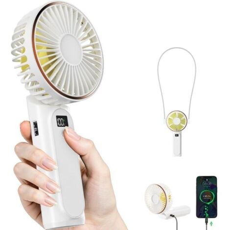 Ventilateur Portable à Main, Mini Ventilateur Pliable 180°, Affichage LCD, Ultra Silencieux, 4000mAh, Avec Lanière-Blanc (1/4)