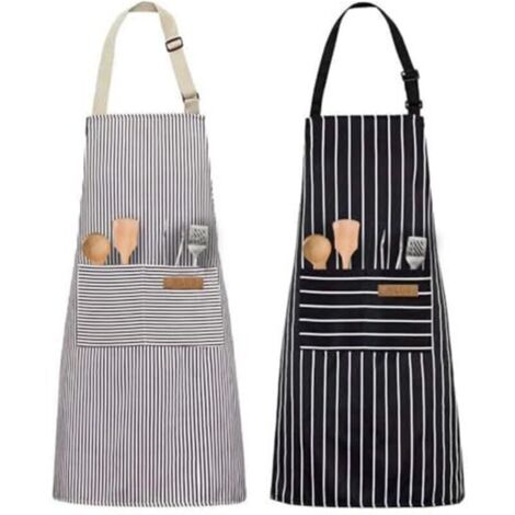 Lot de 2 tabliers de cuisine pour femmes et garçons, tablier enfant avec 2 poches, tablier de cuisine rayé pour enfants, tablier rayé ajustable pour femmes et hommes, idéal pour la cuisine, la boucher (1/4)