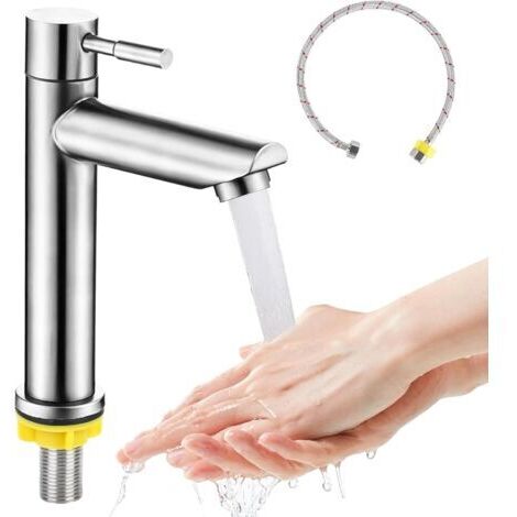 Robinet d'eau froide en acier inoxydable - Mitigeur monocommande avec tuyau de raccordement de 60 cm - Pour invités, WC, salle de bain, cuisine (1/5)