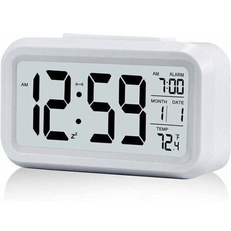 Réveil Digital Réveil Matin, Horloge Numérique Réveil à Pile Silencieux pour Enfants Adultes Grand écran LED Température Calendrier(Blanc) (1/4)