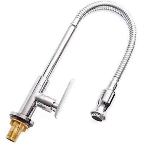 Robinet d'évier de cuisine flexible à levier unique, robinet mitigeur de lavabo à eau froide à tuyau unique, monté sur le pont, finition chromée (1/5)