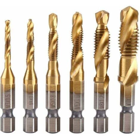 Jeu de 6 tarauds, Tige hexagonale à vis 1/4 "M3-M10 Perceuse et taraudeuse HSS revêtue de Titane, forets à tarauder à Filetage métrique (1/4)