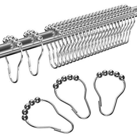 24 Pcs Anneaux Rideaux de Douche en Acier Inoxydable, Crochets de Rideau de Douche avec Système Coulissant, Billes Glissant en Métal pour Tiges de Rideau de Douche, Rideaux (Argent) (1/4)