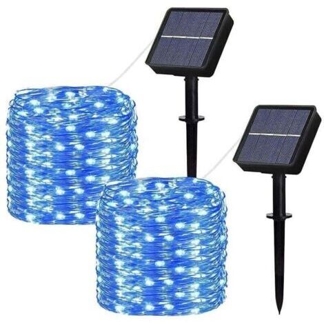 [Lot de 2] Guirlande Lumineuse Solaire Exterieur, 100LED 12M / 40Ft Guirlande Guinguette Étanche 8 Modes Décoration Lumière pour Jardin, Cour, Terrasse, Maison, Noël, Mariage, Fête (Bleu) (1/4)