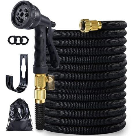 Tuyau d'arrosage extensible avec pistolet à 8 motifs, courroie robuste et raccords en laiton solide, tuyau d'arrosage flexible et sans courbure, Taille-50ft/15m (noir) (1/5)